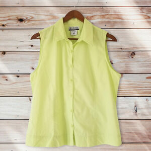 COLUMBIA Sleeveless Button Up Neon Green Top, 100% Cotton - Size L